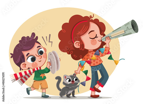 Marching kids with a cat. Vector illustration.