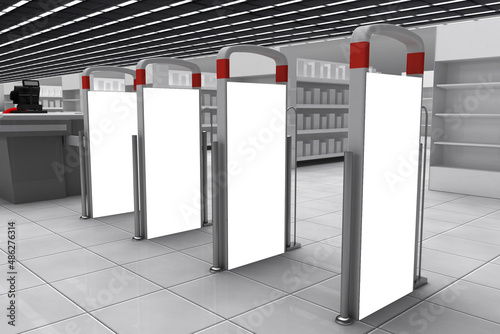 anti-theft alarm detector at the entrance of the shopping center or super market poster. 3d render illustration
