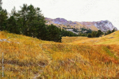 Watercolor and oil mixed landscape paintings in autumn or summer colors. Poster, canvas print or large size background template with wild nature landscape. Rural motifs artwork, textured brush strokes
