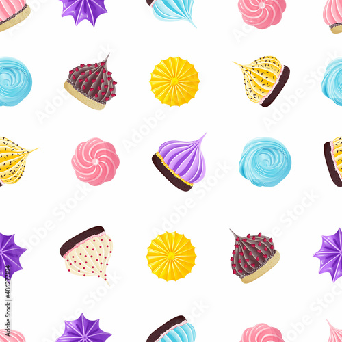 Seamless pattern with multi-colored appetizing swirls of meringue and cream on biscuit dough with sprinkling