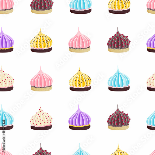 Seamless pattern with multi-colored appetizing swirls of meringue and cream on biscuit dough with sprinkling