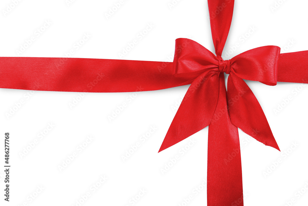 Red satin ribbons with bow on white background, top view Red satin ribbons with bow on white background, top view
