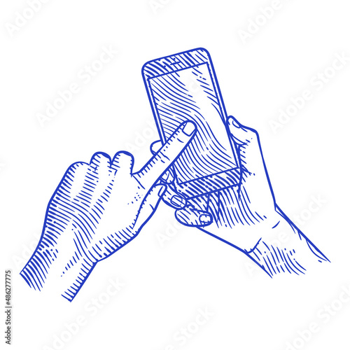 Hand holding smart phone in engraving style