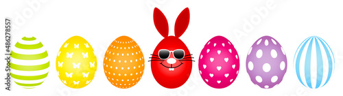 7 Bunte Ostereier Roter Osterhase Sonnenbrille Weiße Muster