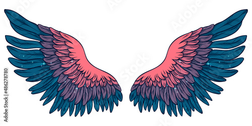 Beautiful bright blue orange glittery wings, color vector illustration