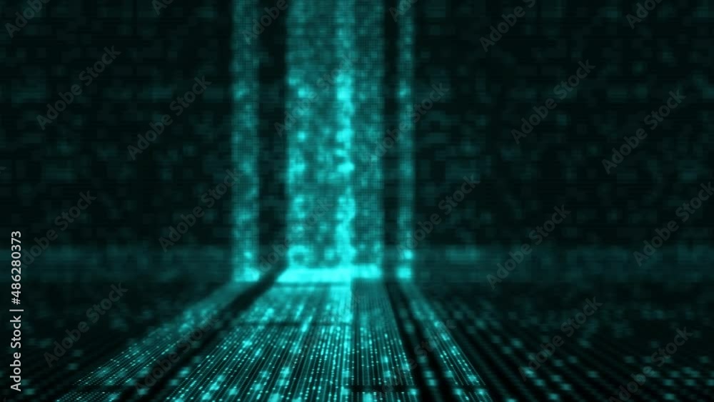 Blau grün leuchtender Datenfluss gebildet aus sich bewegenden Punkten im 3D Raum