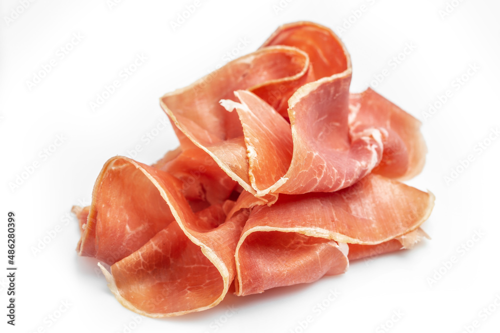 Dry Spanish ham, Jamon Serrano, Iberian ham Isolated on white background. Long banner format