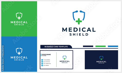 medical stethoscope with shield logo concept with business card template