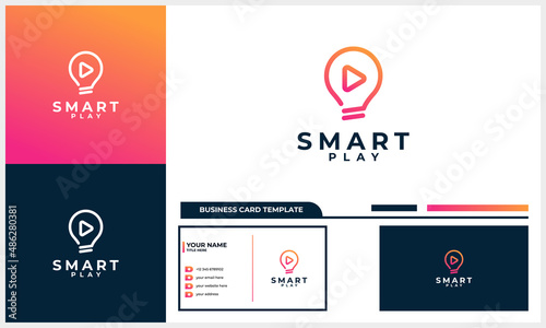 smart play video with light bulb and play icon logo concept with business card template