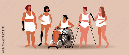 People with disabilities, inclusive group of women, Flat vector stock illustration