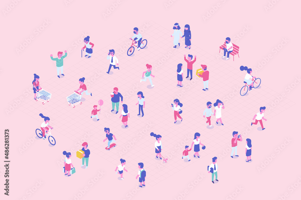 Isometric Male and female characters of different nationalities. Outdoor activity. Flat isometric vector. Isometric Male and female characters of different nationalities. Outdoor activity. Flat isometric vector.