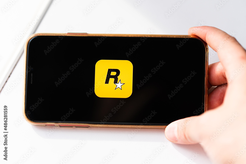 monitor logo Rockstar Games software house producer of video games, famous  for Grand Theft Auto and Red Dead Redemption Stock Photo