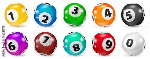 Illustration Colorful Bingo. Lottery Number Balls. Colored balls isolated. Bingo ball. Bingo balls with numbers. Set of colored balls. Realistic Illustration. Lotto concept.