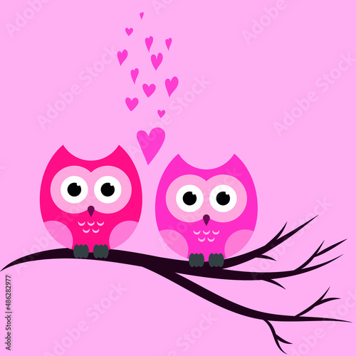 two owls are sitting on a branch. owls in love sit side by side. vector illustration, eps 10.