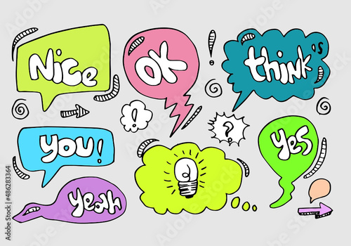 Hand drawn set of speech bubbles with handwritten short phrases  nice, ok, think s, you, yes, yeah on gray background.