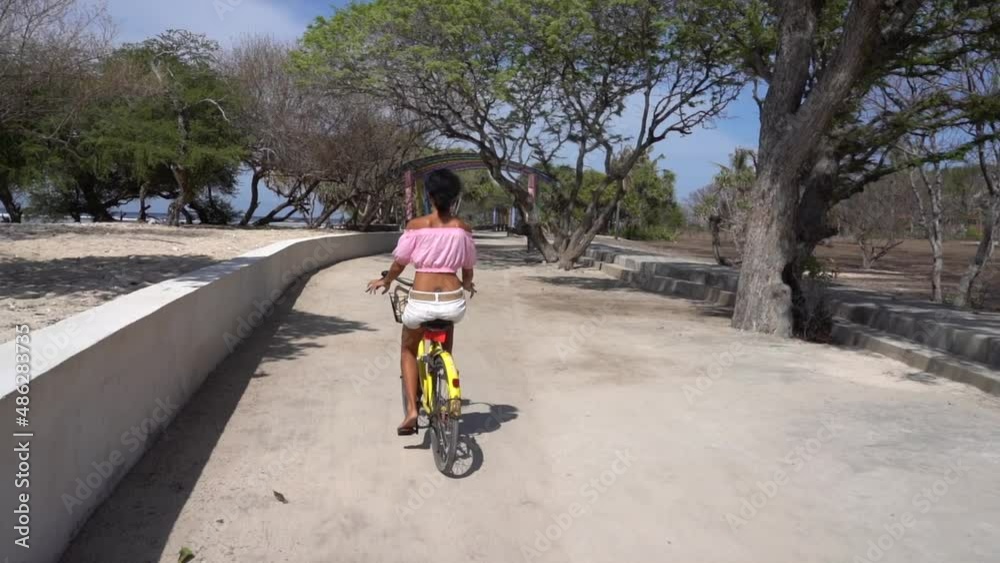 Travelling with a charming woman on a bicycle in the park, leisure activity in summer, sightseeing journey Travelling with a charming woman on a bicycle in the park, leisure activity in summer, sightseeing journey