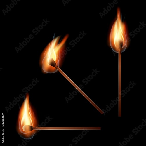 Burning matchstick on black background. Vector illustration of burning matches on black background