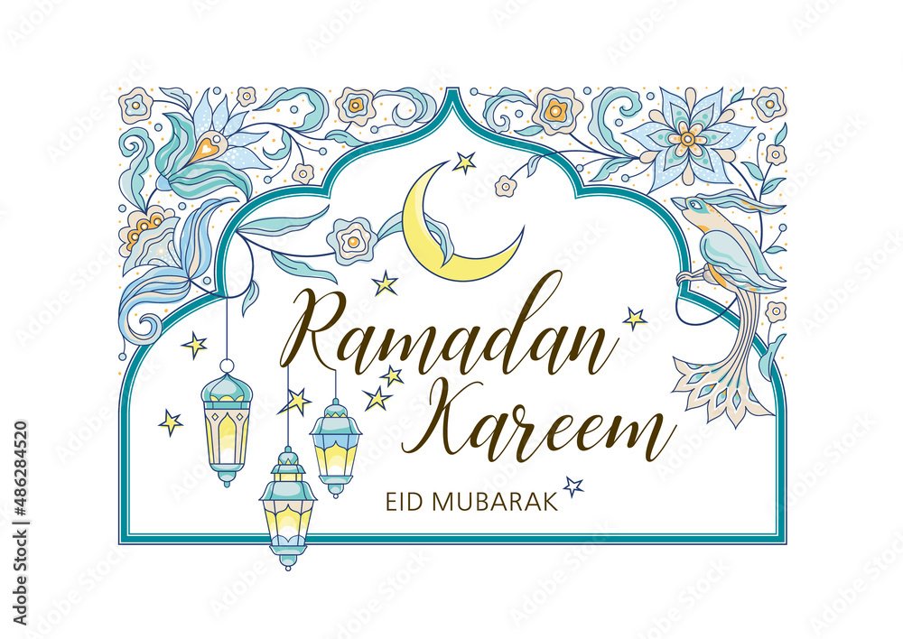 Vector Ramadan Kareem card. Vintage floral banner with lanterns for Ramadan wishing. Arabic shining lamps, crescent. Decor in Eastern style. Islamic background. Card for Muslim feast of Ramadan month.