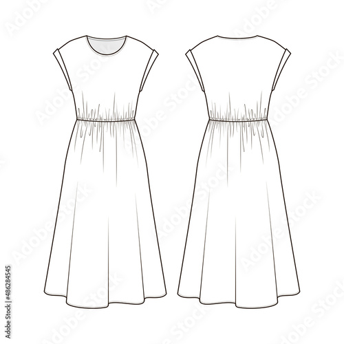 Fashion technical drawing of sleeveless dress with elasticated waist