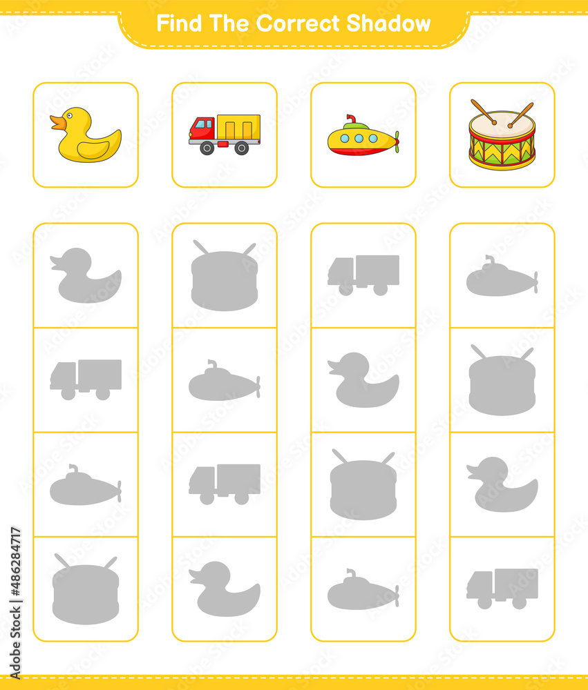 Find the correct shadow. Find and match the correct shadow of Submarine, Rubber Duck, Lorry, and Drum. Educational children game, printable worksheet, vector illustration