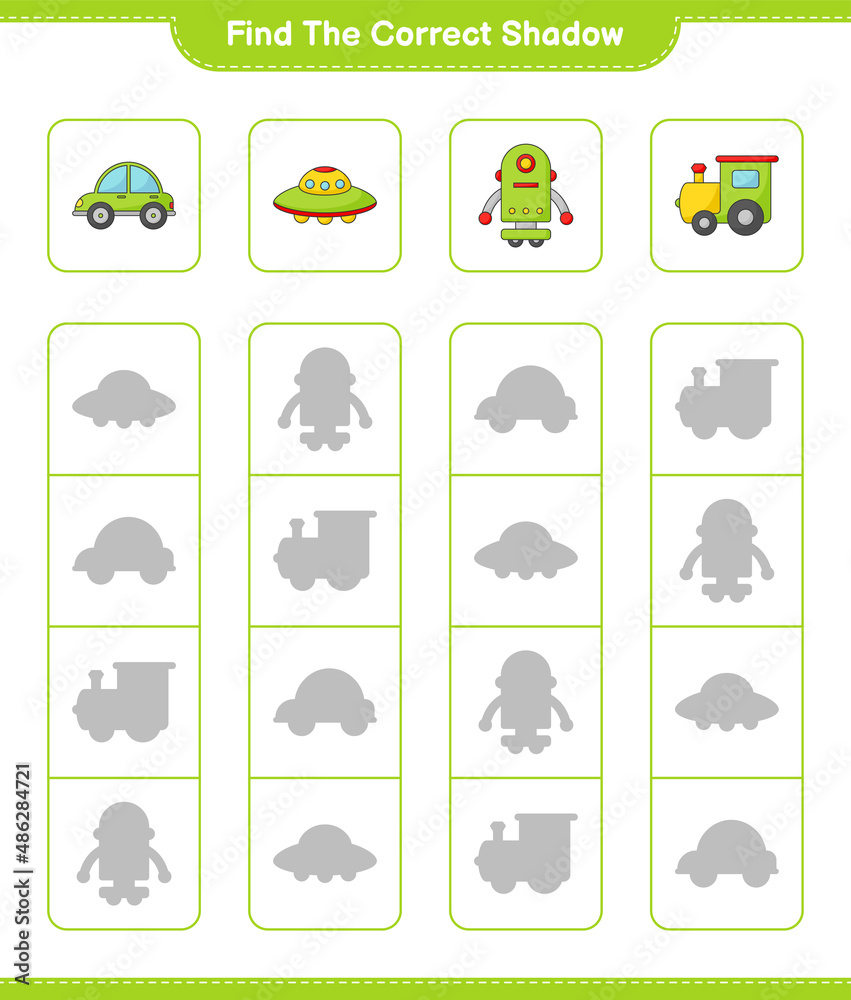 Find the correct shadow. Find and match the correct shadow of Train, Robot Character, Car, and Ufo. Educational children game, printable worksheet, vector illustration