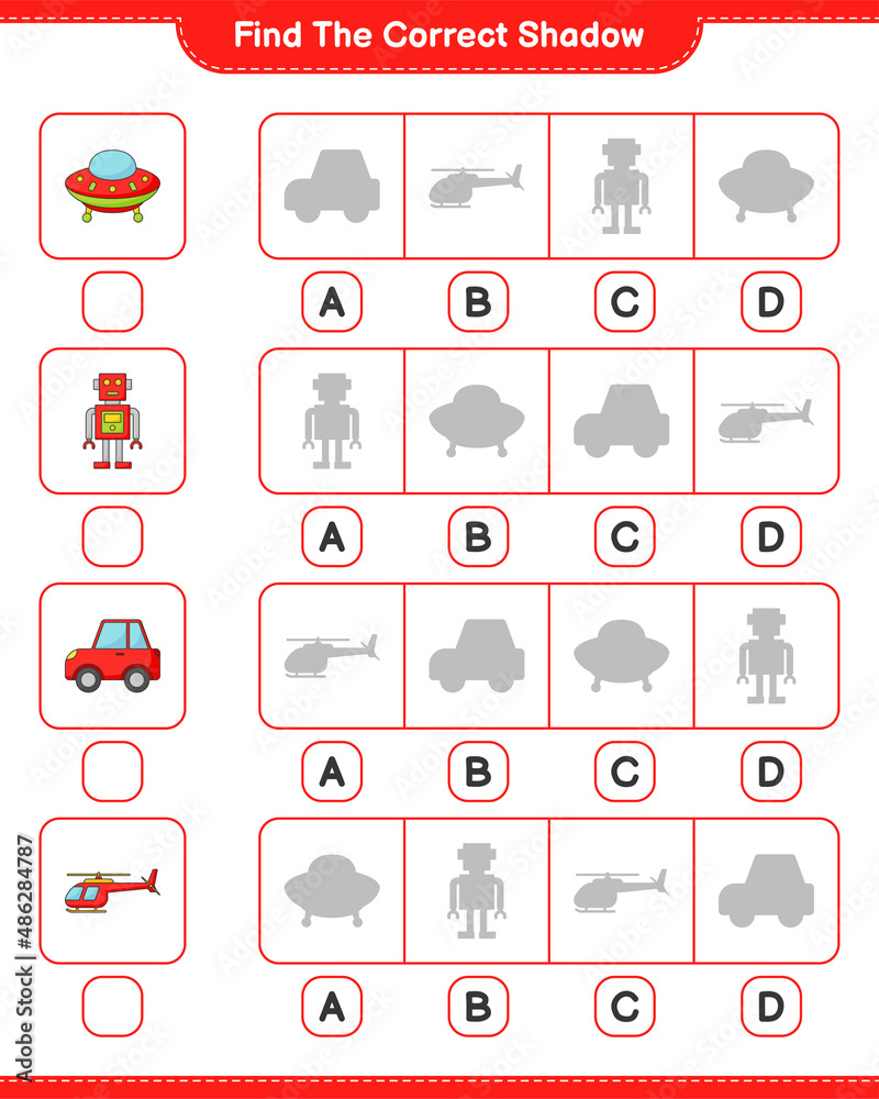Find the correct shadow. Find and match the correct shadow of Helicopter, Ufo, Robot Character, and Car. Educational children game, printable worksheet, vector illustration Find the correct shadow. Find and match the correct shadow of Helicopter, Ufo, Robot Character, and Car. Educational children game, printable worksheet, vector illustration