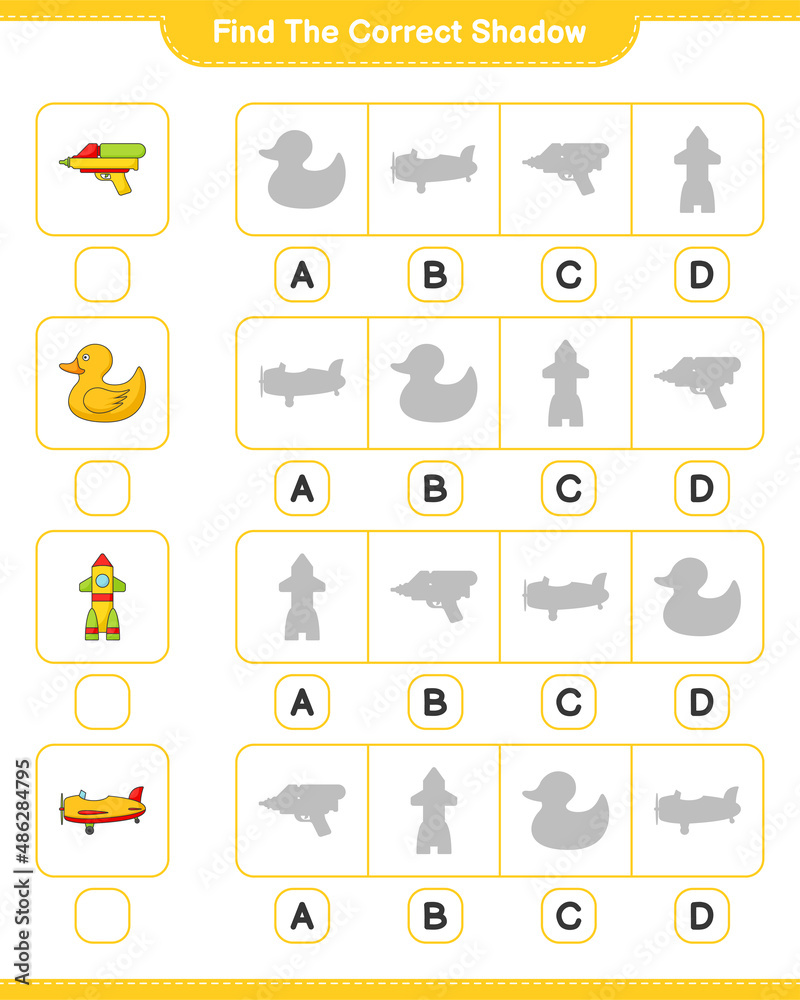 Find the correct shadow. Find and match the correct shadow of Plane, Rocket, Rubber Duck, and Water Gun. Educational children game, printable worksheet, vector illustration