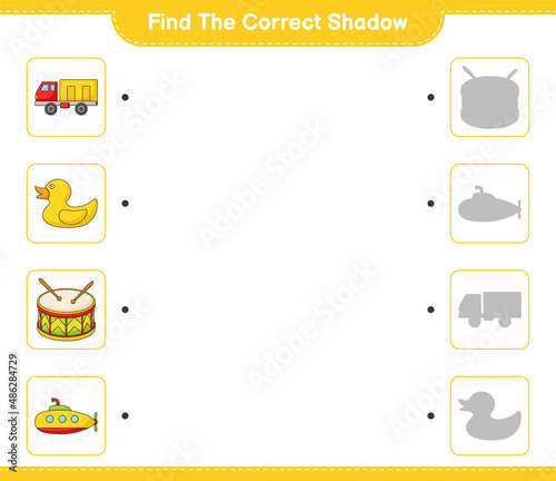 Find the correct shadow. Find and match the correct shadow of Submarine, Rubber Duck, Lorry, and Drum. Educational children game, printable worksheet, vector illustration