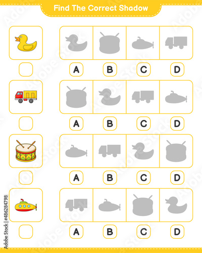 Find the correct shadow. Find and match the correct shadow of Submarine, Rubber Duck, Lorry, and Drum. Educational children game, printable worksheet, vector illustration