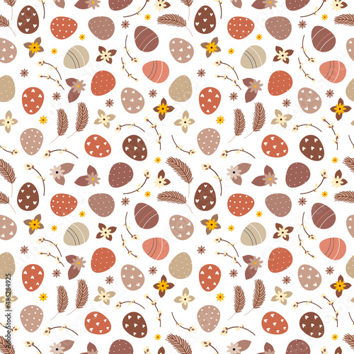 Boho seamless background of Easter eggs and flowers and pussy willow. Vector illustration 