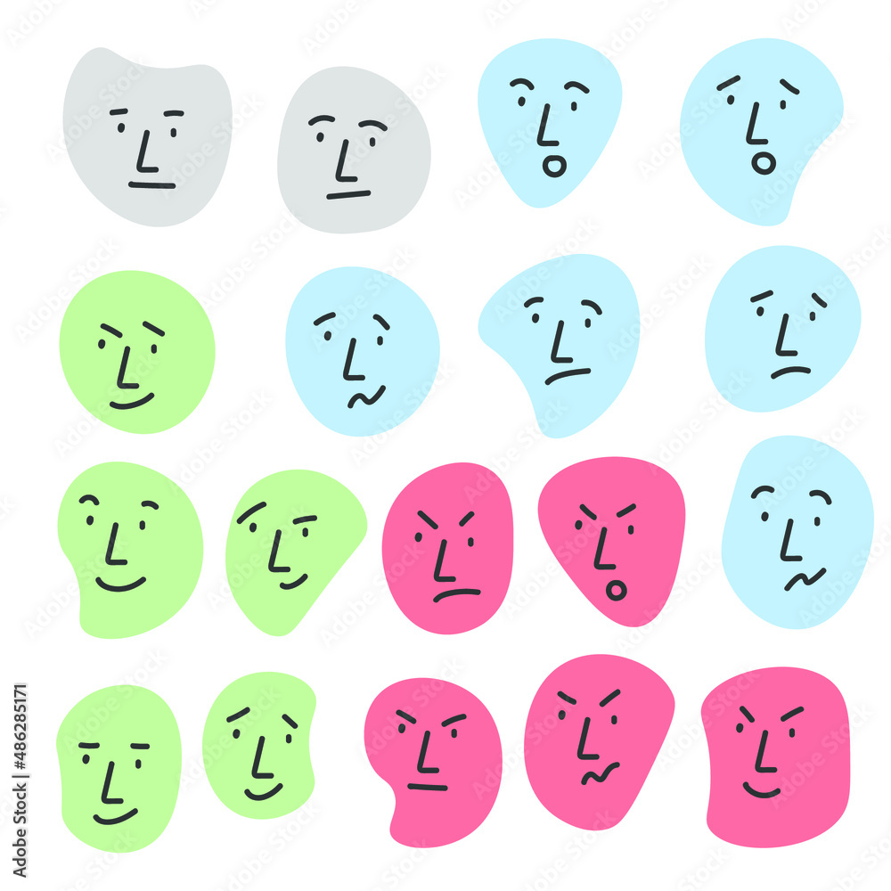 Faces with different emotions. Cartoon style. Vector set of emoticons. Sad and happy mood icons. Flat design. Hand-drawn fashionable vector illustration. Faces with different emotions. Cartoon style. Vector set of emoticons. Sad and happy mood icons. Flat design. Hand-drawn fashionable vector illustration.