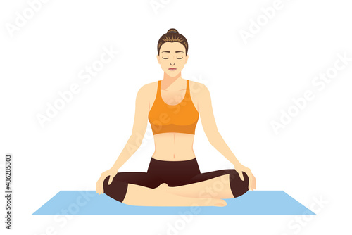 Woman is sitting cross legged on a yoga mat for meditation. Illustration about relaxing the body and doing concentration.