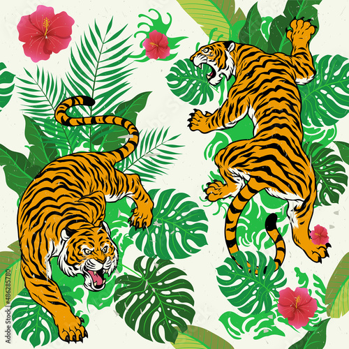 Pattern Design of Tropical Hawaiian Style with Tiger