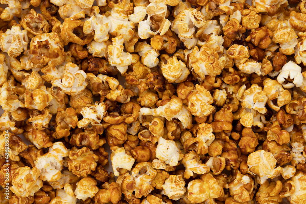 background of caramel popcorn close up, sweet snacks