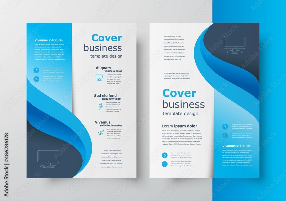 Flyer Blue curves waves brochure design template business cover - obrazy, fototapety, plakaty 