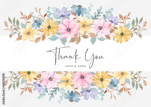 Greeting card with colorful floral watercolor border