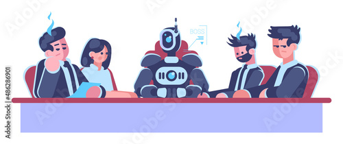 Staff meeting semi flat RGB color vector illustration. Robot boss among human workers isolated cartoon characters on white background