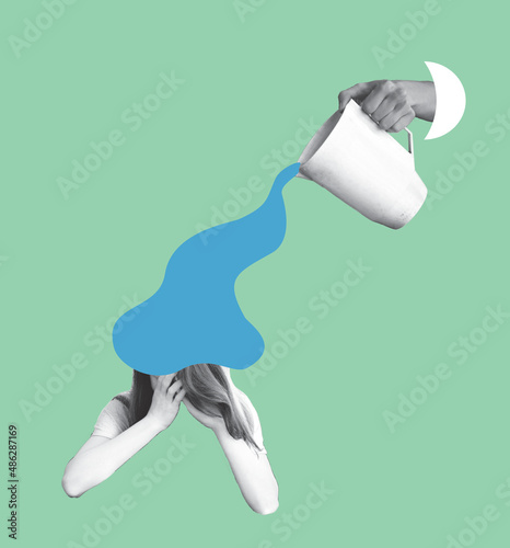 Contemporary art collage of human hands pours out water on a young woman. Girl is feeling down