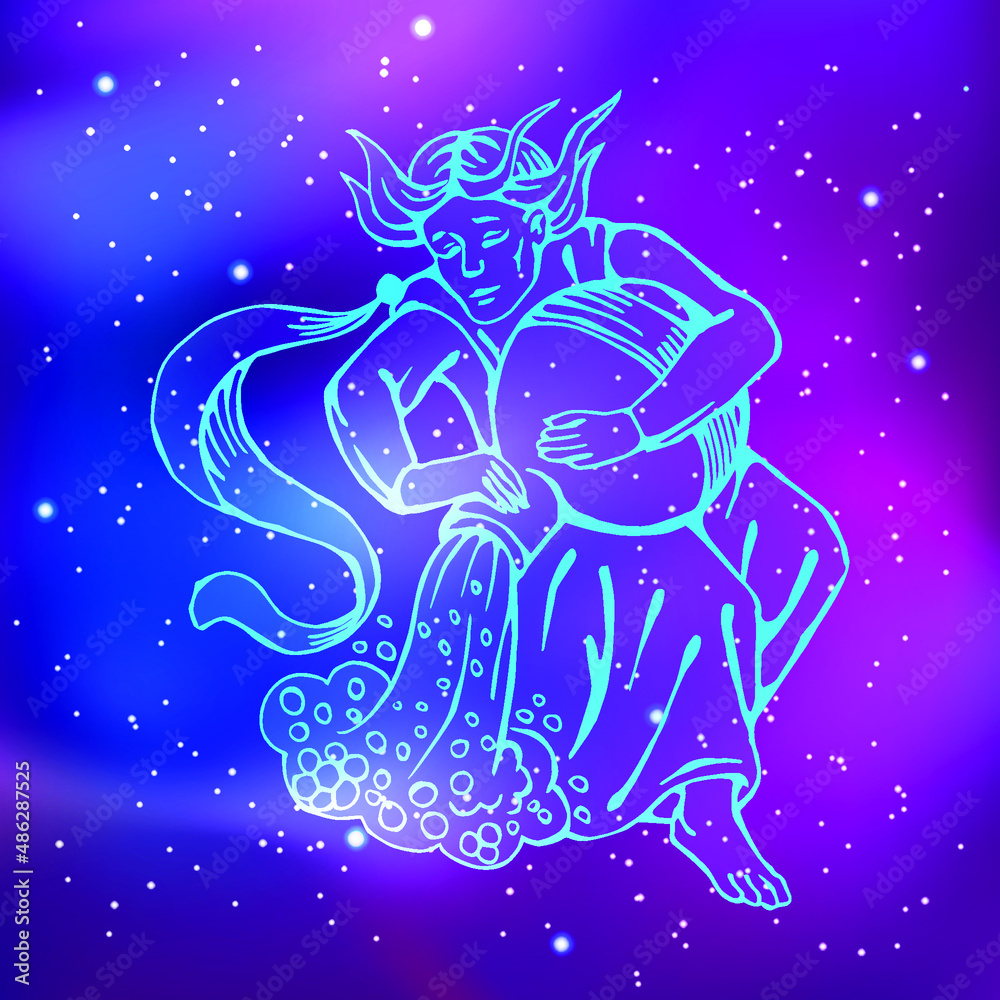 Aquarius constellation. Young man in antique clothes with a jug. Minimalistic pattern with glowing lines. Vector illustration Aquarius constellation. Young man in antique clothes with a jug. Minimalistic pattern with glowing lines. Vector illustration
