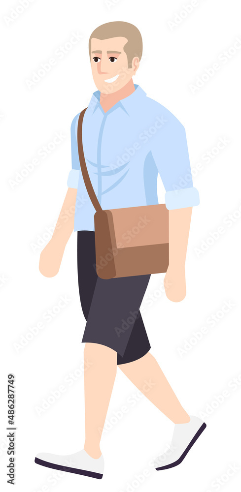 Guy wearing casual outfit semi flat RGB color vector illustration. Walking man with cross body bag isolated cartoon character on white background Guy wearing casual outfit semi flat RGB color vector illustration. Walking man with cross body bag isolated cartoon character on white background