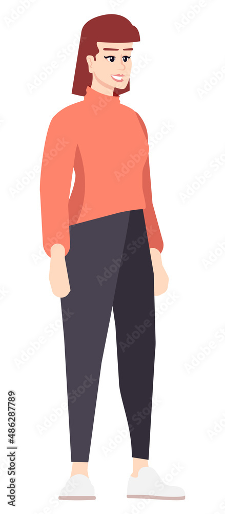 Preparing outfit for autumn weather semi flat RGB color vector illustration. Stylish-looking young woman wearing red sweater isolated cartoon character on white background