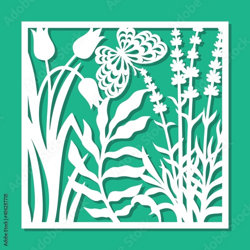 Square panel with flowers and a butterfly. Painting with a floral motif, lavender, bluebells, tulips, leaves. Template for plotter laser cutting of paper, metal engraving, wood carving, cnc. Vector.