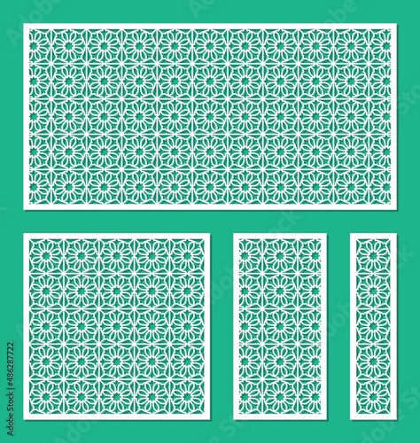 Set of panels with a floral pattern. Stencils, lattice of square, rectangular shape with decorative flowers, petals. Template for plotter laser cutting of paper, metal engraving, wood carving, cnc.