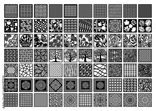 Large set of square panels. Abstract geometric pattern, floral motif or antique ornament. Vector template for laser cutting of metal lattice, wall painting, stencil, openwork napkin, wood carving, cnc