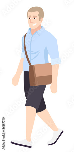 Guy wearing casual outfit semi flat RGB color vector illustration. Walking man with cross body bag isolated cartoon character on white background