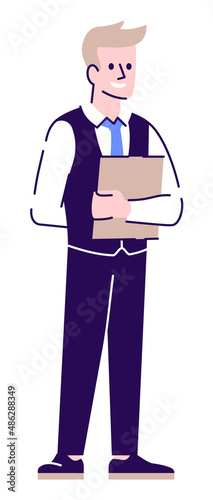 Waiter position semi flat RGB color vector illustration. Male hotel receptionist with tablet isolated cartoon character on white background