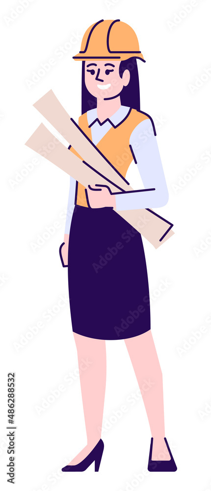 Engineering firm job position semi flat RGB color vector illustration. Female architect wearing safety helmet isolated cartoon character on white background Engineering firm job position semi flat RGB color vector illustration. Female architect wearing safety helmet isolated cartoon character on white background