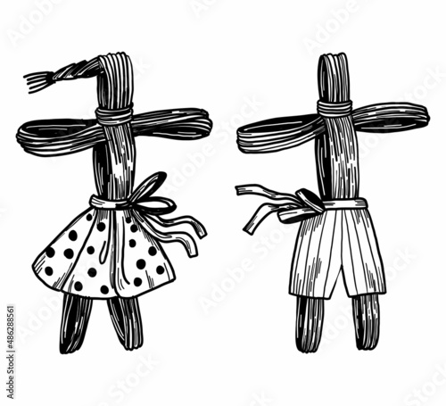 Magic dolls boy and girl. Dolls made of thread. Ritual dolls made of straw. Vector hand drawn illustration.