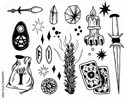 A set of vector magic elements. An occult set for sorceresses. Hand drawn dagger, candle, crystals, tarot, herbs, runes, stars, dots.