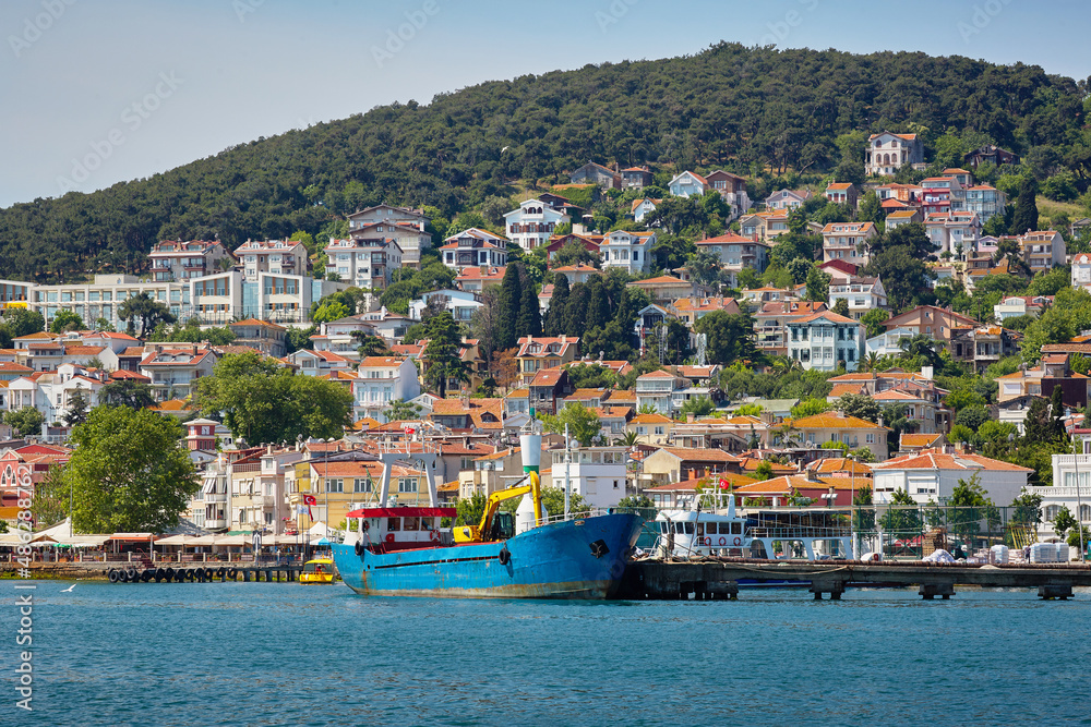 The blue fishing boat is at the pier on the island. Sea, white houses on the slopes of the island. Travel to Heybeliada, Adalar, Prince Islands, Istanbul, Turkey